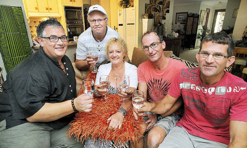 Toasting the civil union bill in Queensland are (from left) Artie Rocke, Ashley West, Maggie Gibson, Stephen Hall and James Crawford. Toasting the civil union bill in Queensland are (from left) Artie Rocke, Ashley West, Maggie Gibson, Stephen Hall and James Crawford.